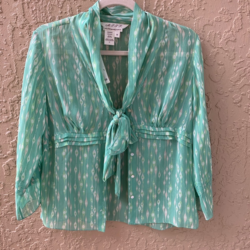 ❤️Aqua Blue Shear Patterned Button Blouse-Medium